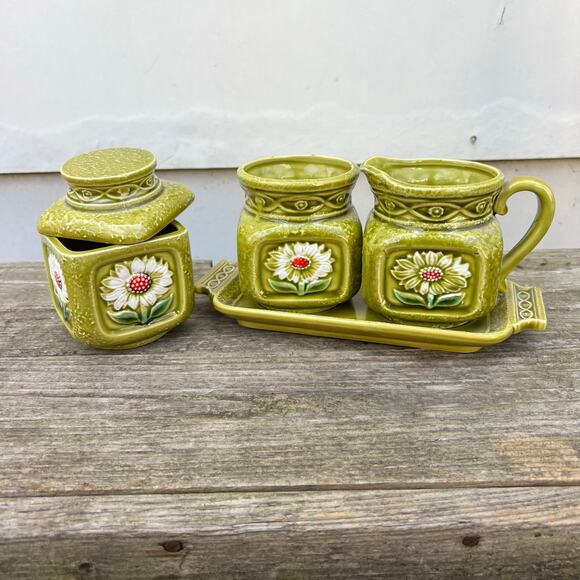 MCM 70s Japan Floral Daisy Olive Green Retro Kitsch Kawaii Sugar Cream Tea Set - Picture 1 of 5